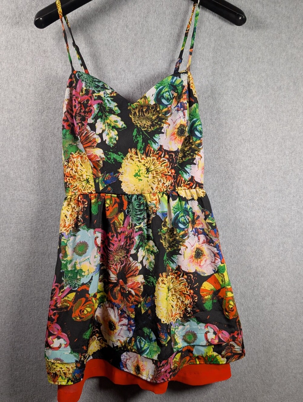 Gianni Bini Red Floral Strappy Mini Dress with Black Waist Bands
